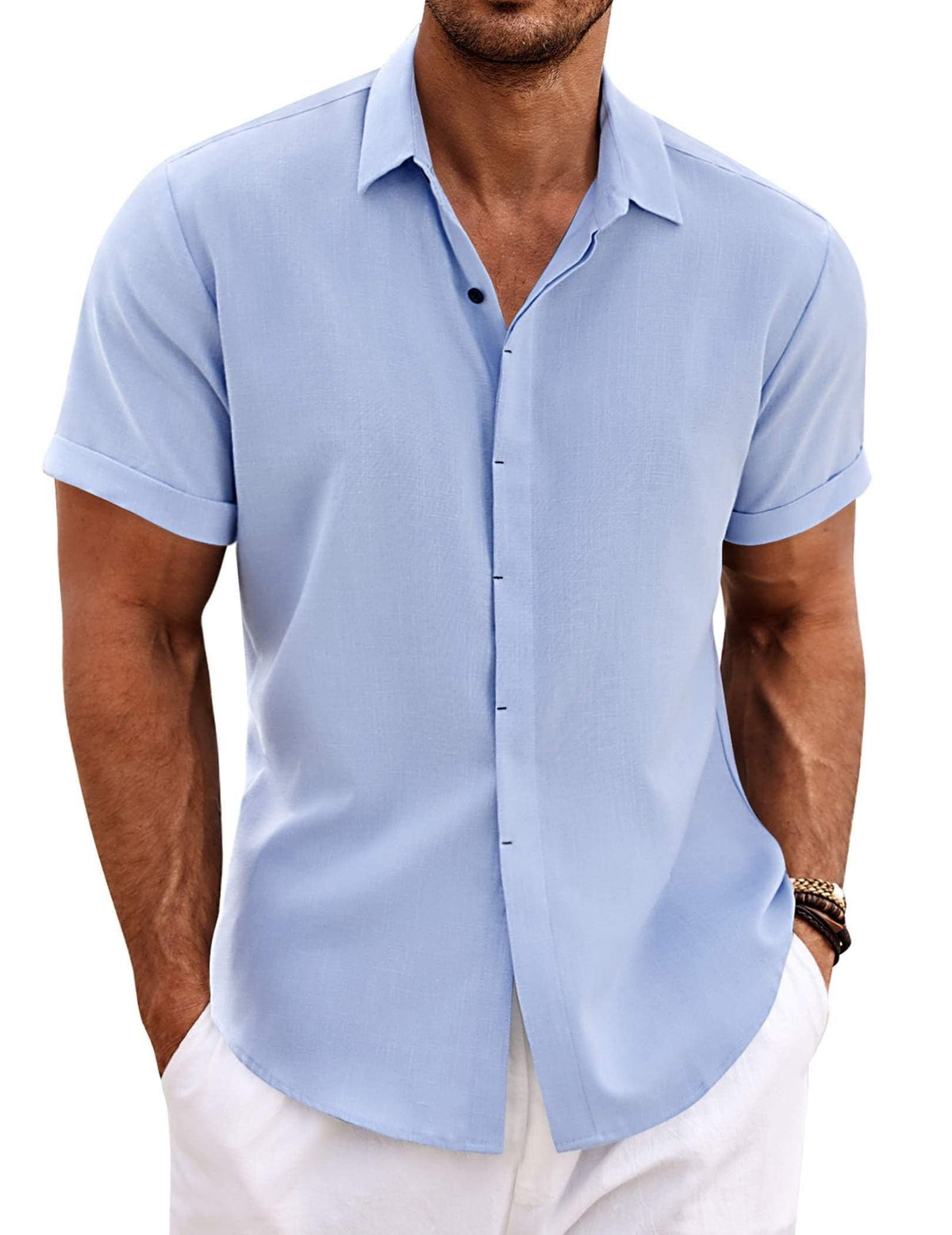 COOFANDY Mens Linen Shirts Short Sleeved Summer Regular Fit Button Down Hawaiian Holiday Tops