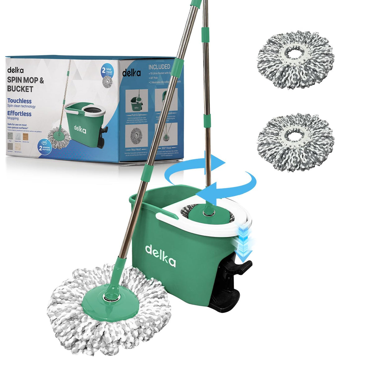 delka Spin Mop and Bucket Set – Easy Foot Pedal Water Removal, 360° Swivel Motion, Includes 2 Microfibre Mop Heads, All-Surface Cleaning, Splash Guard for Clean Mopping (Spin Mop Grey and White)
