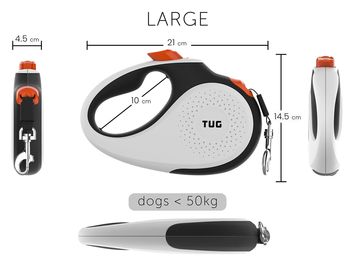 TUG 360° Tangle-Free Retractable Dog Lead for Up to 25 kg Dogs | 5 m Strong Nylon Tape | One-Handed Brake, Pause, Lock (Medium, White/Orange)