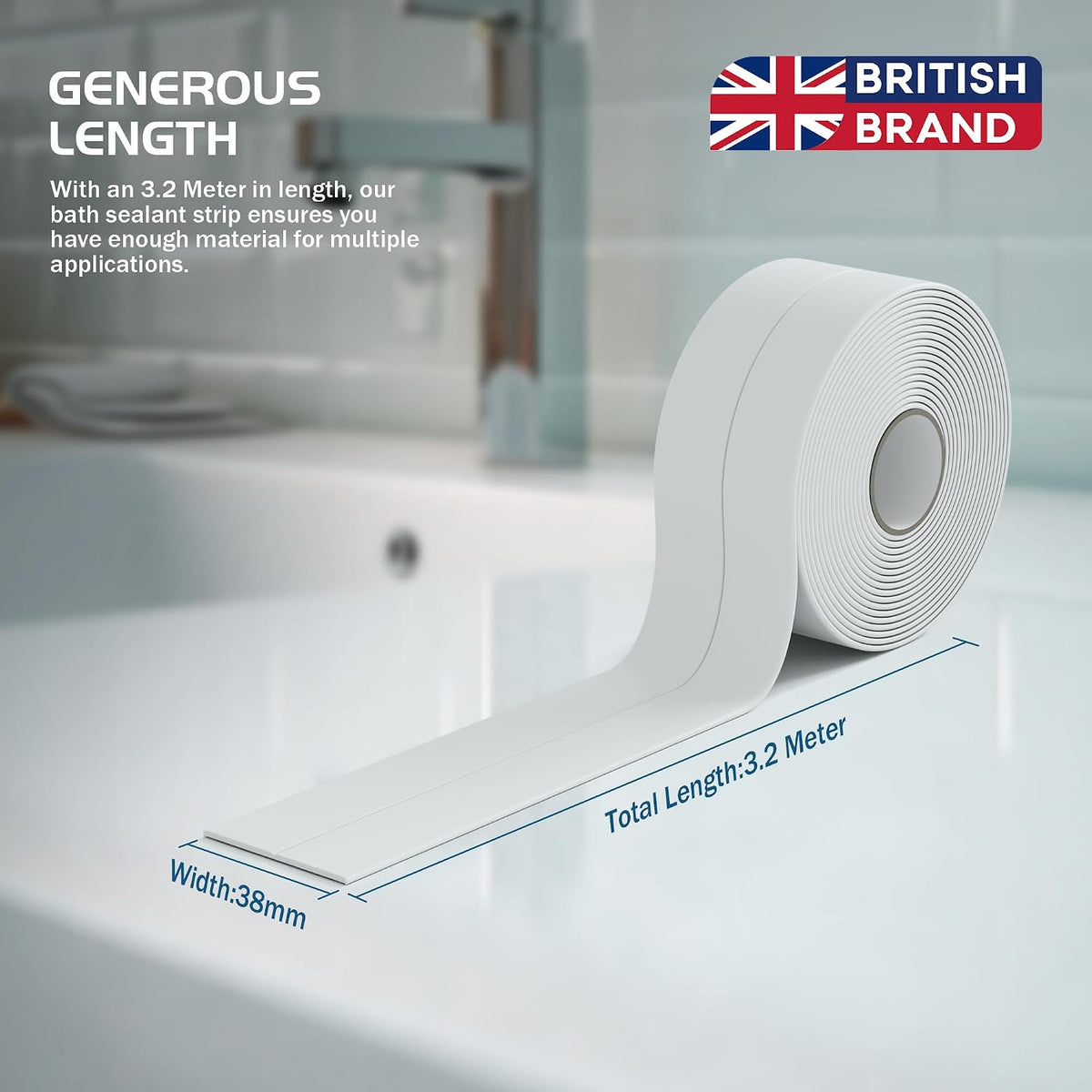 HNNHOME 38mm x 3.2m White Self-Adhesive Bath Sealant Strip, Waterproof Sealing Tape Caulk Strip for Kitchen, Bathroom, Wall Corner, and Sink (White, 1)