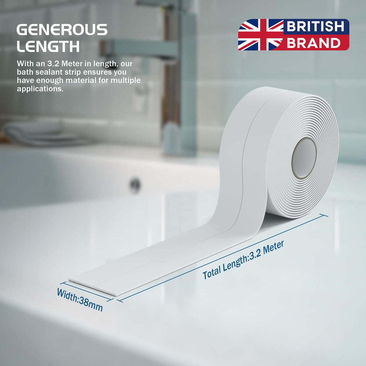 HNNHOME 38mm x 3.2m White Self-Adhesive Bath Sealant Strip, Waterproof Sealing Tape Caulk Strip for Kitchen, Bathroom, Wall Corner, and Sink (White, 1)