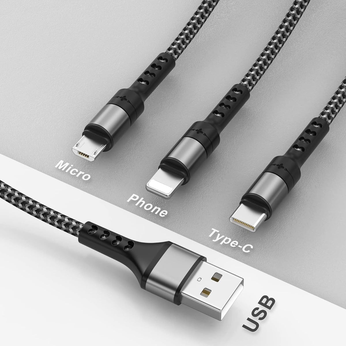 RAVIAD Multi Charger Cable 3 Packs 1.2M 3 in 1 Charging Cable Nylon Braided