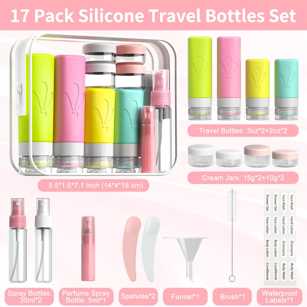 INSFIT Travel Bottles for Toiletries, 17 Pack Leakproof Travel Size Toiletries, Airplane Travel Essentials, Holiday Essentials for Women and Men with Labels/Clear Bag