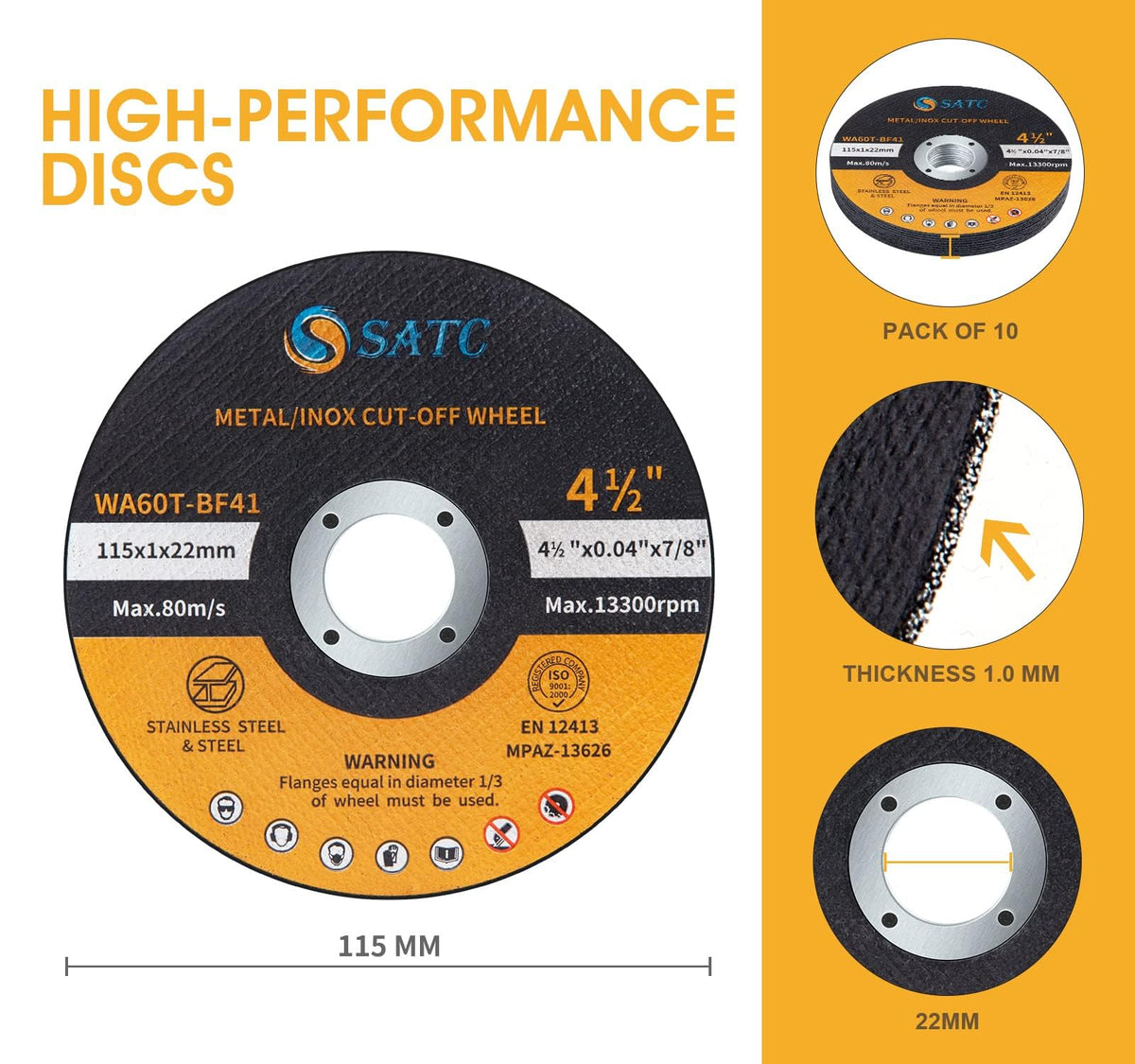 SATC 115mm Cutting Discs 50-Peice for Angle Grinder Durable Metal Cutting Disc Ultra Thin 1mm for Fast & Precise Cutting of Steel, Iron, Aluminum, & Ferrous Metals
