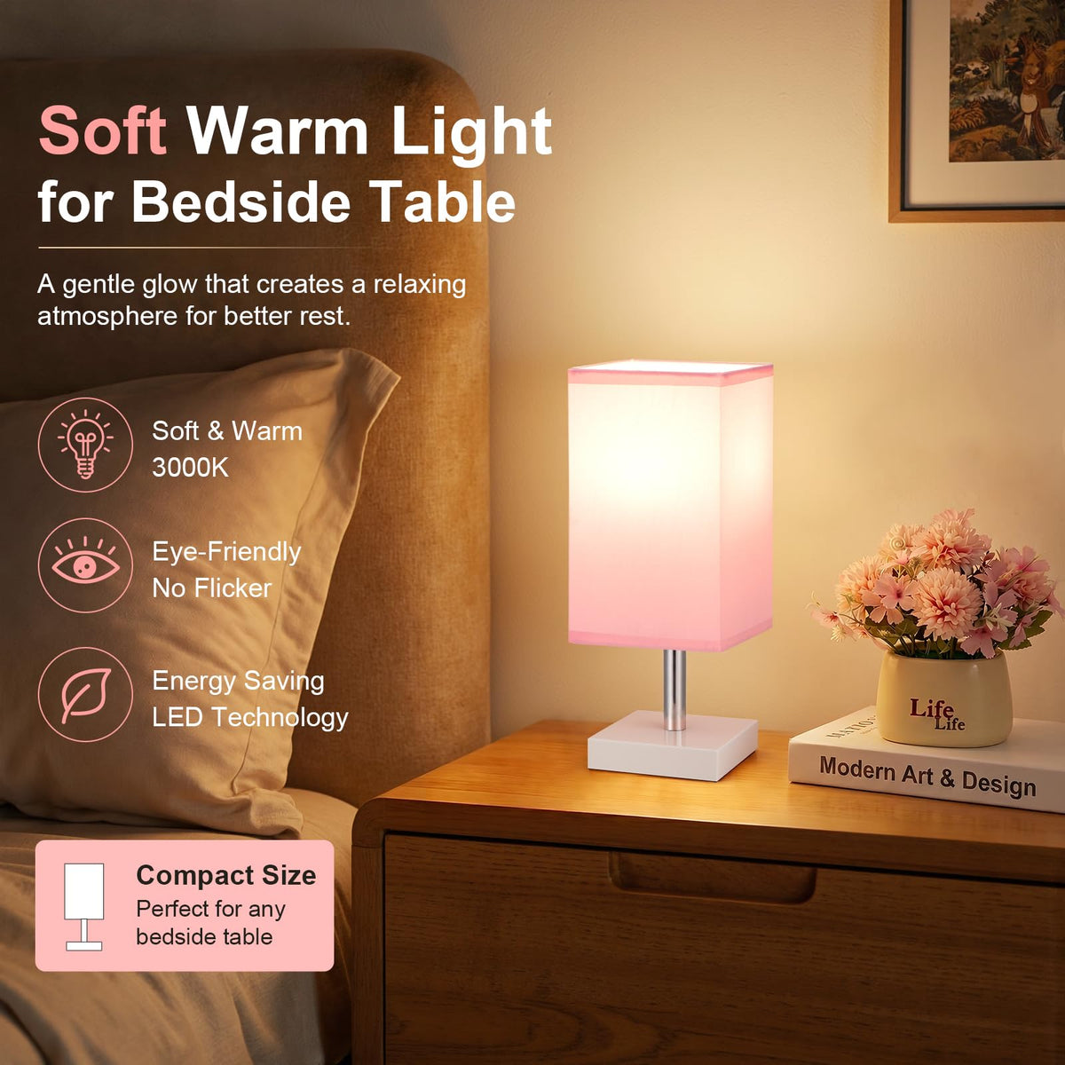 White Table Lamp for Bedroom, Small Bed Lamp with for Bedroom, Silver Base(Bulb Included)