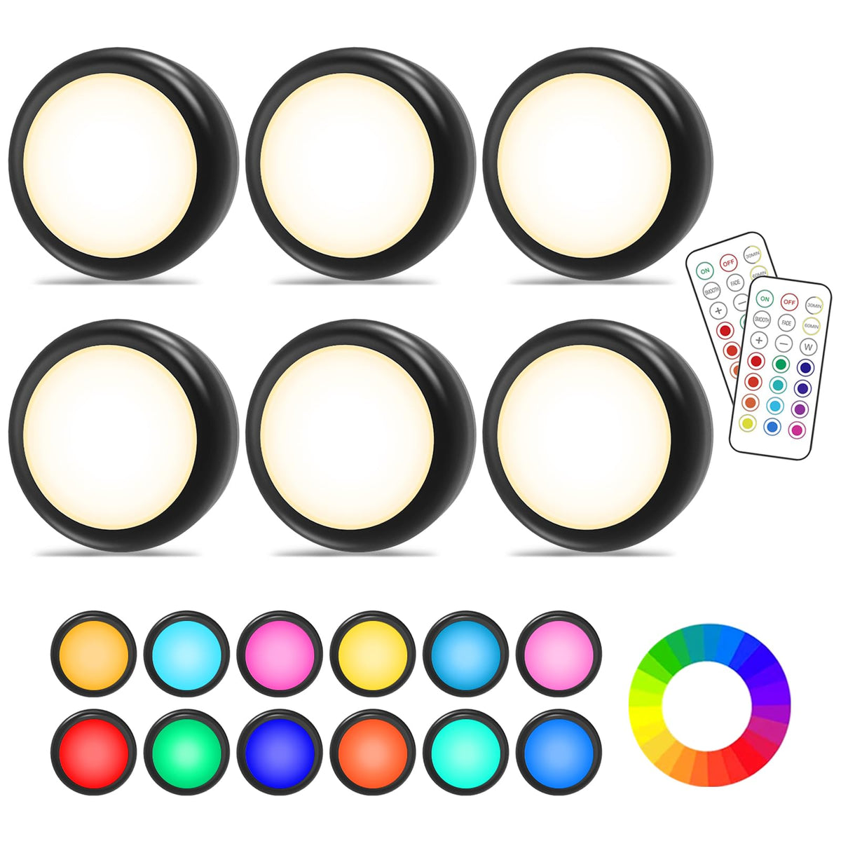 Under Cabinet Lights RGB Wireless Lights LED Closet Lights Night 3000K Dimmable 6pc Cadrim 13 Colors Changing Remote Control Brightness Adjustable Timer Battery Powered Light Kitchen Wardrobe Cupboard