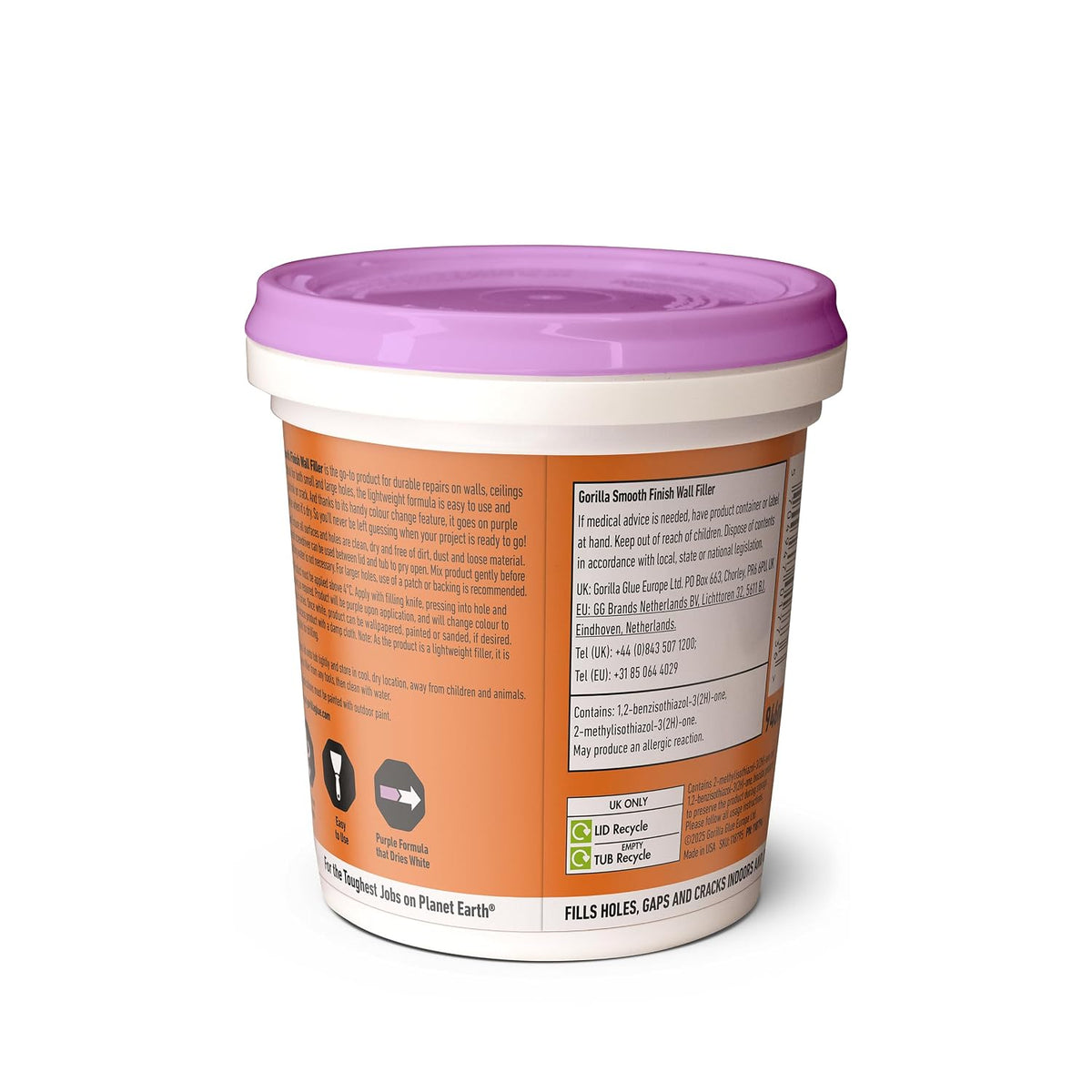 Gorilla Smooth Finish Wall Filler, 473ml – Applies Purple & Dries White | Repairs Small and Large Holes in Walls & Ceiling, Smooth Finish, Won’t Shrink or Crack, Fills any Depth| Indoor & Outdoor Use