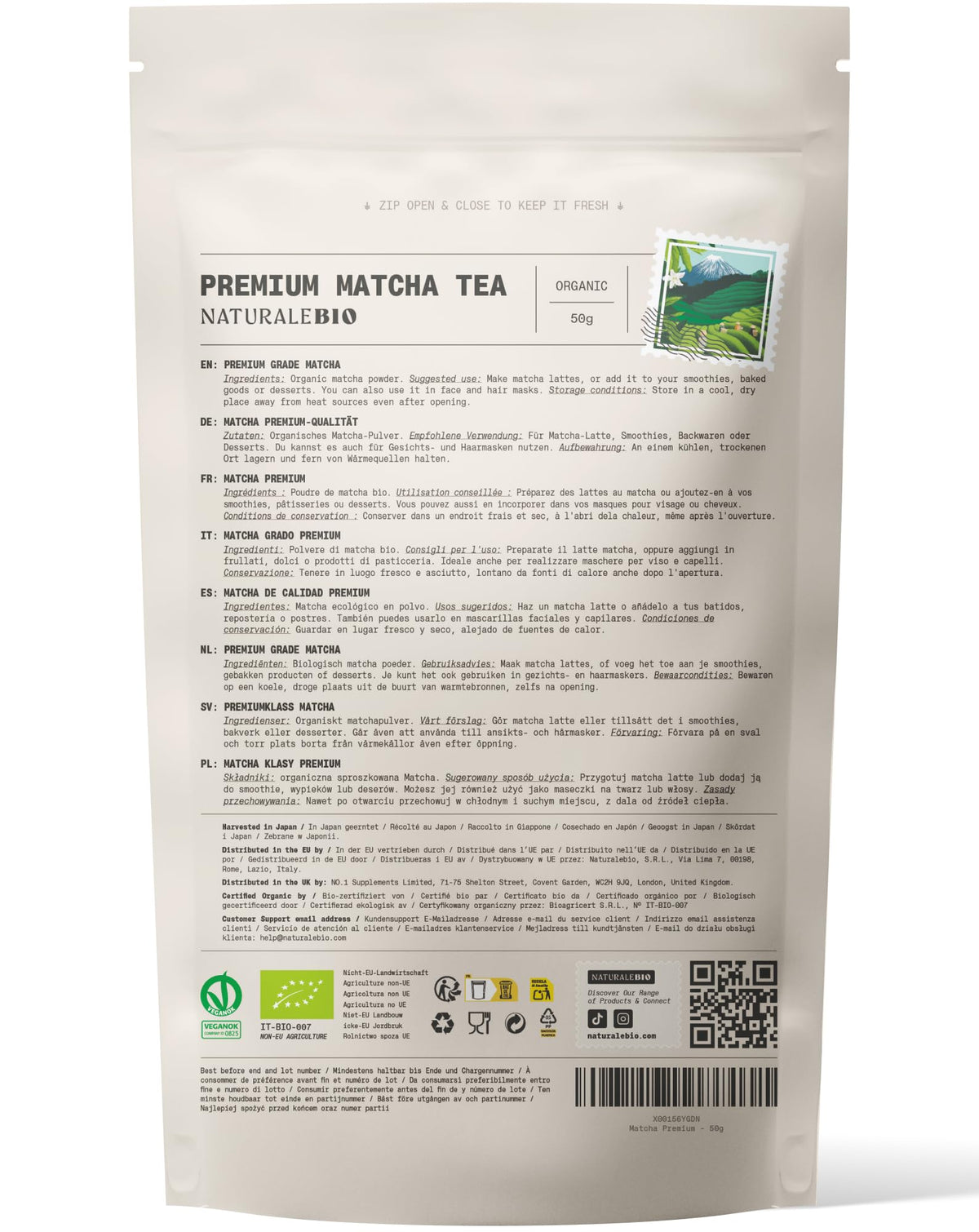 NaturaleBio Organic Premium Grade Japanese Matcha Powder L-Theanine