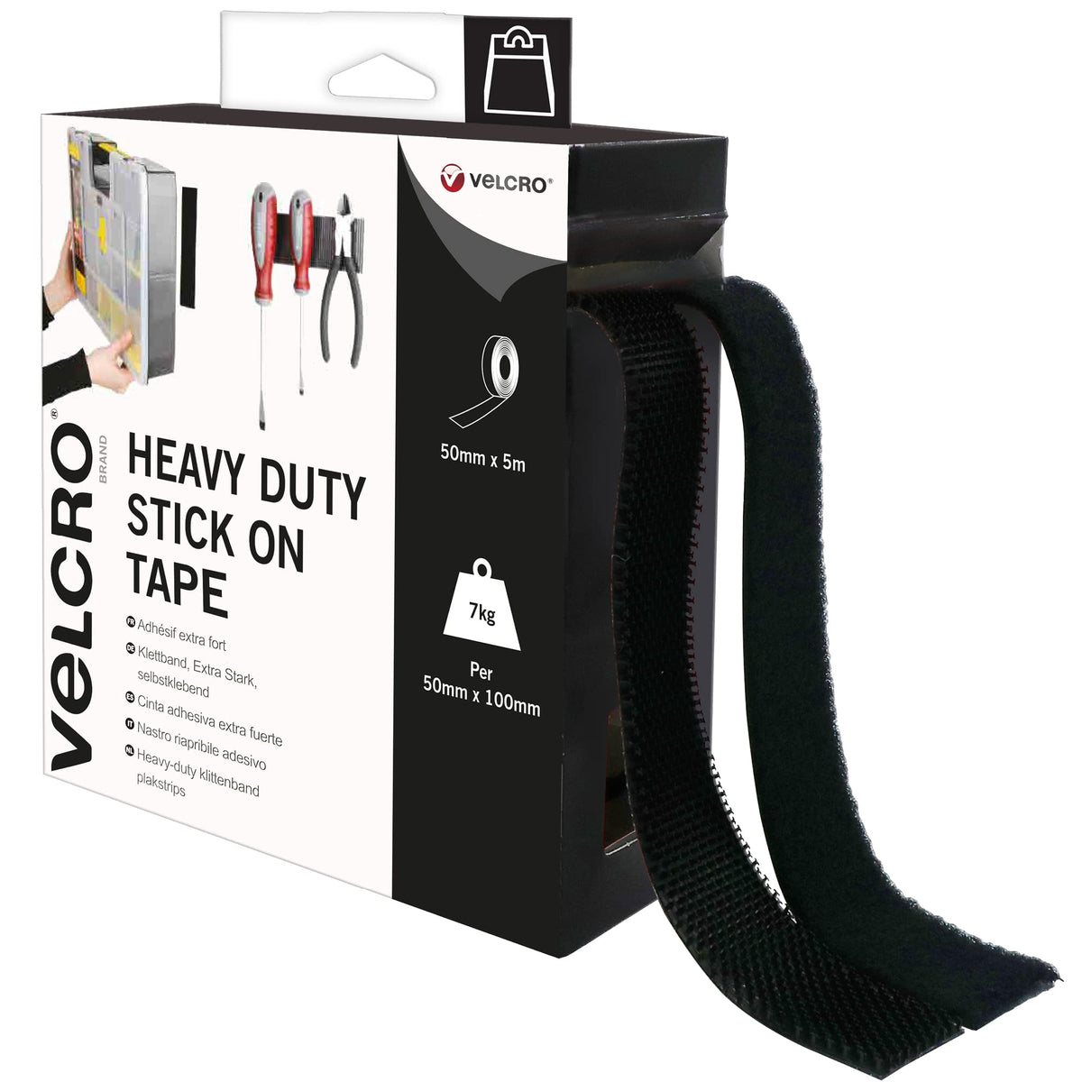 VELCRO Brand Heavy Duty Stick On Tape Cut-to-Length Industrial Extra Strong Double Sided Hook & Loop Self Adhesive Tape Perfect for Room Décor & Home, Office, Garage Use Black 50mm x 1m