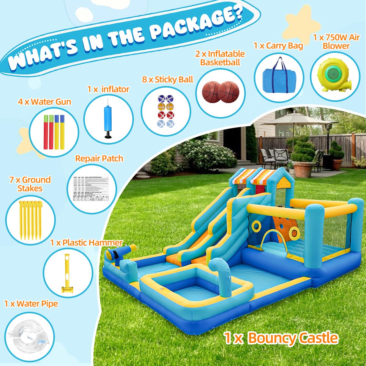 Inflatable Bouncy Castle with Slide Trampoline and Ball Pit, Bounce House Indoor Outdoor with Air Blower for Toddler Garden Park Backyard Party Wedding Birthday Gift, 470 x 400 x 220 cm