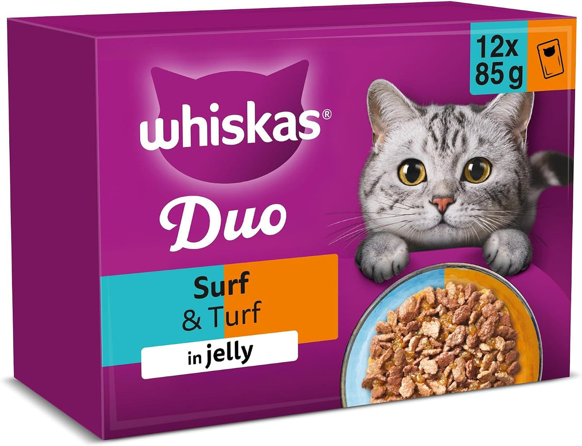 WHISKAS DUO Adult Wet Cat Food in Jelly 12x85g Surf & Turf (Pack of 4)