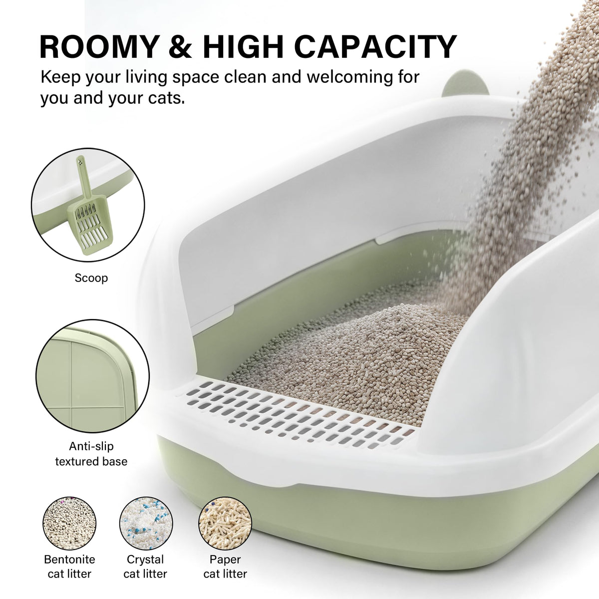 Cat Litter Tray Box, Litter Box, Plastic Cat Open Top Litter Tray with Free Scoop Kitten Detachable Rim Easy Cleaning,49 x 38 x 23cm (Grey)