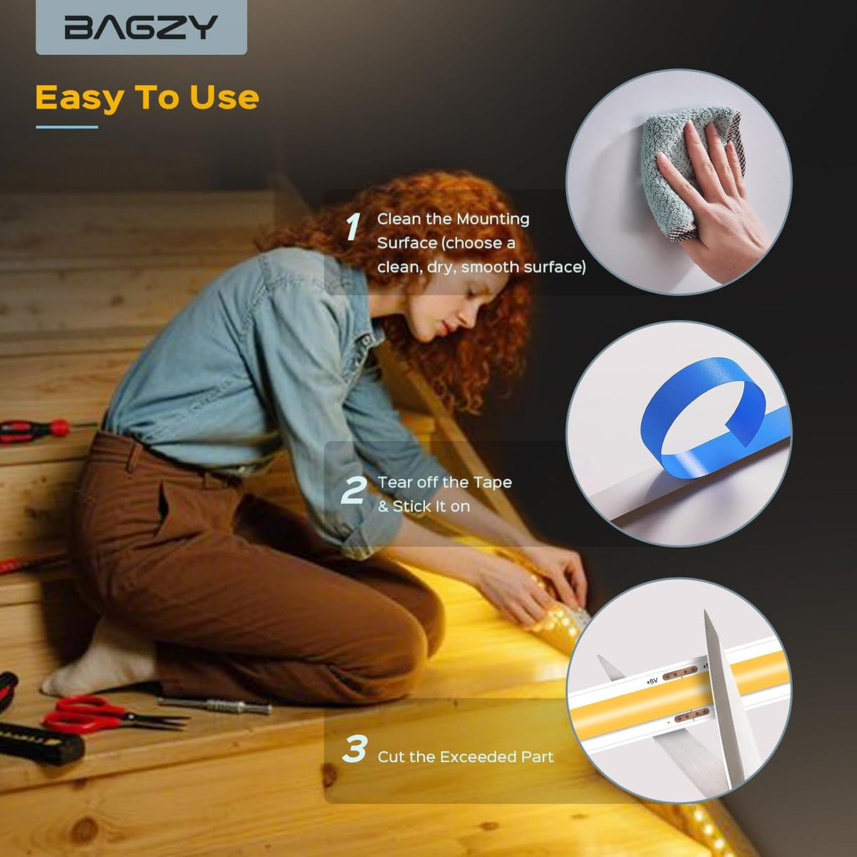 BAGZY Battery LED Strip Light COB 2M 5V Battery Powered LED Strip Tape Lights Cool White 6000K Self Adhesive Flexible Uniform Dotless Cuttable 320LEDs/M for Kitchen Mirror Bedroom Cabinet Decor