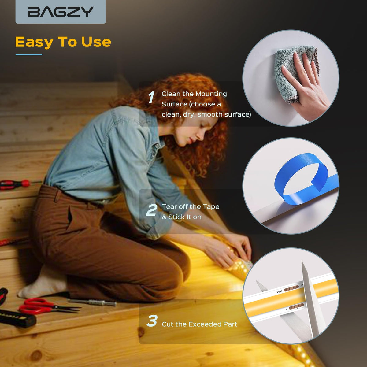 BAGZY Battery LED Strip Light COB 2M 5V Battery Powered LED Strip Tape Lights Cool White 6000K Self Adhesive Flexible Uniform Dotless Cuttable 320LEDs/M for Kitchen Mirror Bedroom Cabinet Decor