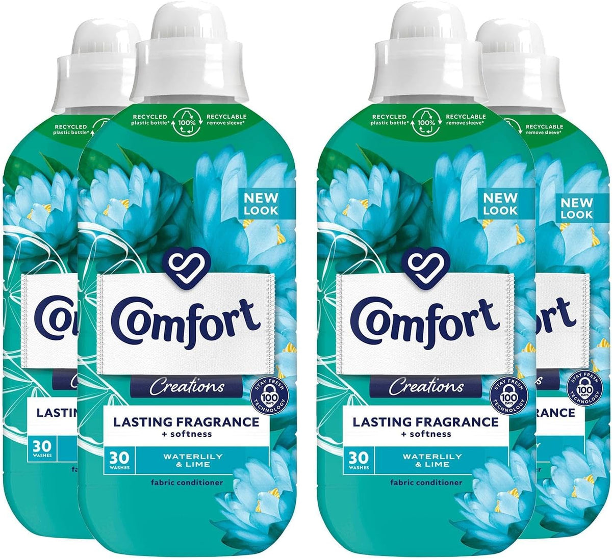 Comfort Creation Concentrated Fabric Conditioner with 100 Days of Long Lasting Fragrance and Softness Intense Liquid Fabric Softener 30 Washes, 900 ml (Waterlily & Lime, Buy 4)