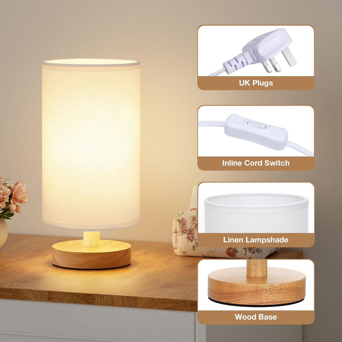 Aooshine Bedside Lamps, 3000K Warm Table Lamp for Bedroom Living Room