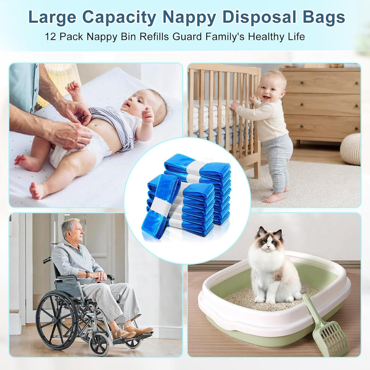 12er-Pack Nappy Bin Refills, vacvad 4.5m Diaper Bin Pail Disposal Bags, Nappy Bin Liners Replacement Strong Seal & Tear Resistance, Compatible with Most Nappy Disposal Systems (Blue)