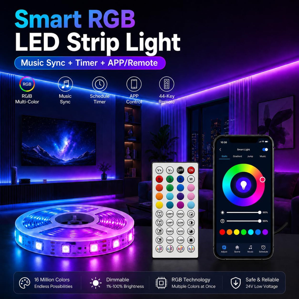 20M RGB LED Strip Lights for Bedroom, Music Sync Colour Changing LED Tape with Bluetooth App & Remote, 16M Colours, Dimmable, Timing Mode, Self-Adhesive for Home Party Kitchen Christmas Decor