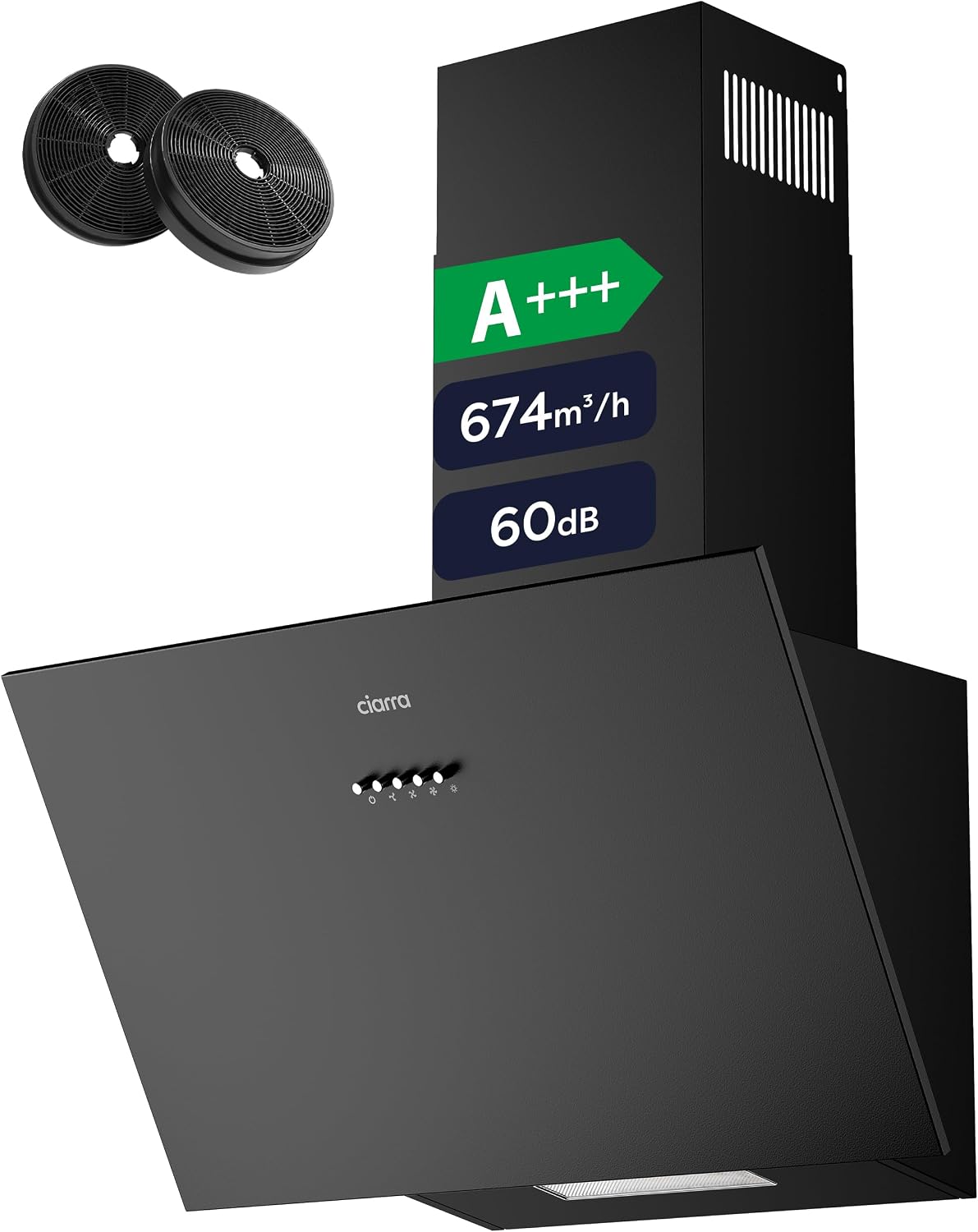 CIARRA CBCB6736C Angled Cooker Hood 60cm with CBCF002X2 Carbon Filters Recirculating & Ducting LED Lights Black Painting&Tempered Glass Wall Mounted Range Hood 600mm Kitchen Extractor Fan