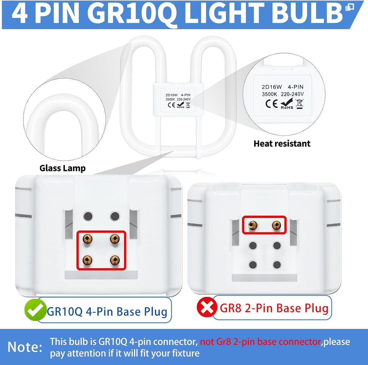 4-PIN 16W(Size: 13.3cm*13.3cm) GR10Q Compact Fluorescent Lamp Non-Dimmable Warm White 3500K, 4PIN (Not 2Pin) Recessed Ceiling Light, CFL Light Bulb, Low Energy Light Bulb, Suitable for Indoor Corrido