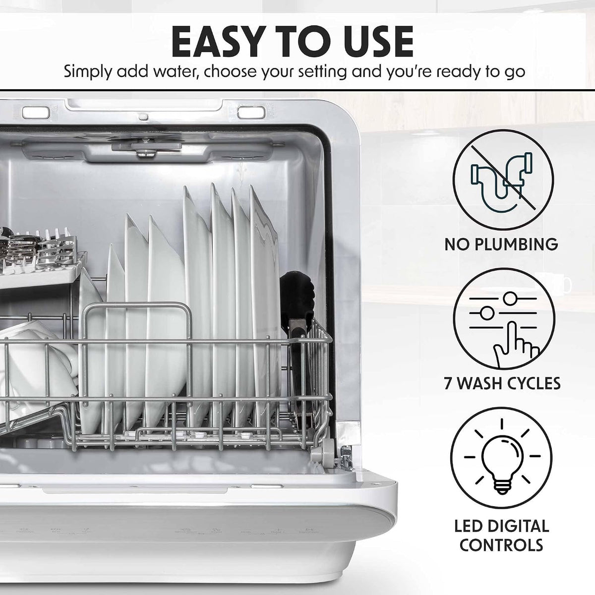 Baridi Table Top Dishwasher, 6L Portable Mini Dishwasher, 3 Place Settings, 7 Wash Functions - DH72