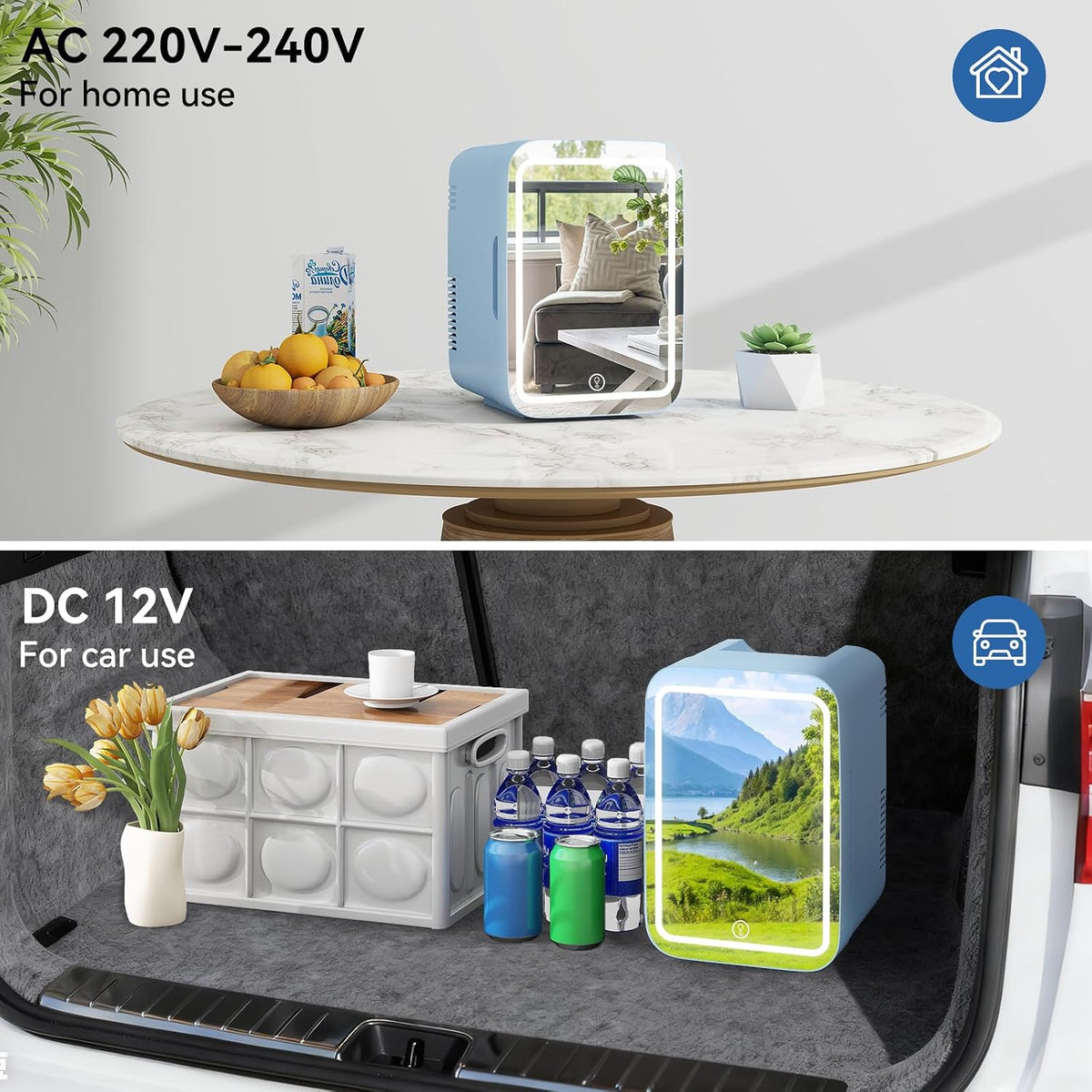 4 Liter Mini Fridge with Dimmable LED Mirror, AC/DC Skincare Fridge