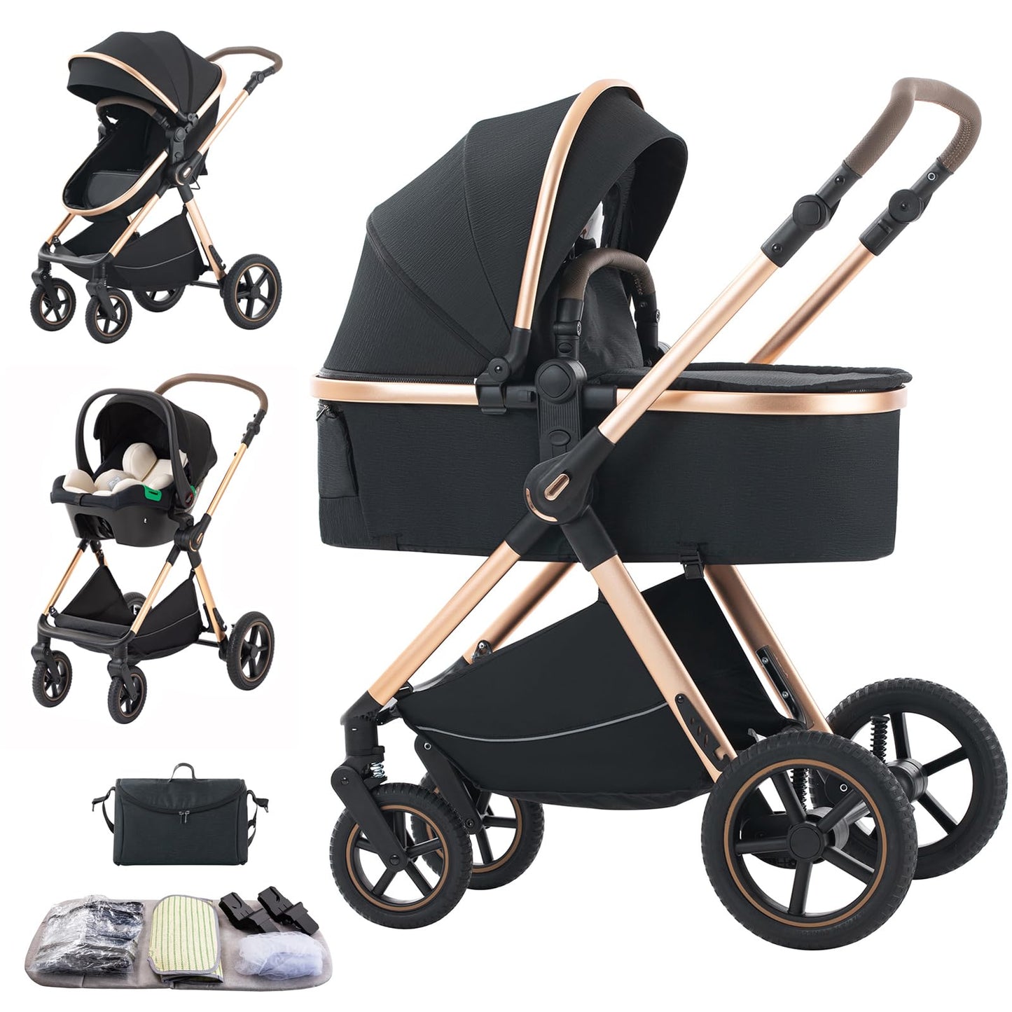 Stroller 3 in 1 Travel System Aluminium Frame High Landscape Combined Strollers Lightweight Folding Pram for Newborns Toddlers 0-36 Months from Birth Aluminium Pushchair (D2/Pink, H2-D)