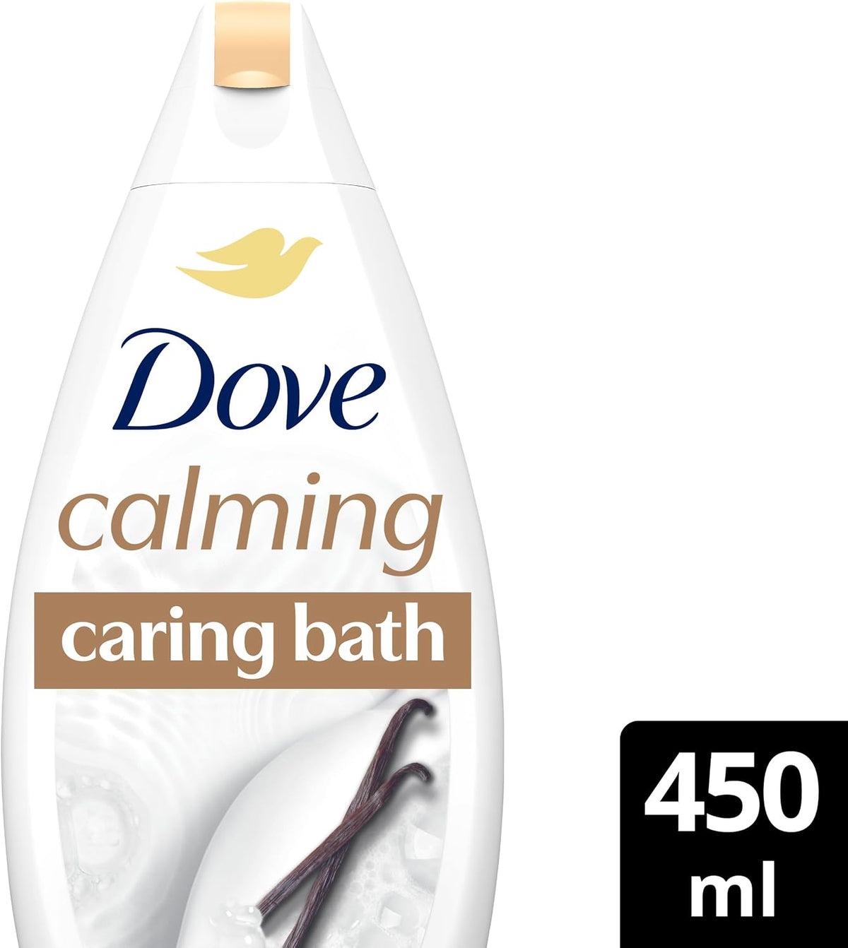 Dove Calming Caring Bath Bath Soak with ¼ moisturising cream, shea butter & warm vanilla for an indulgent bubble bath 450 ml