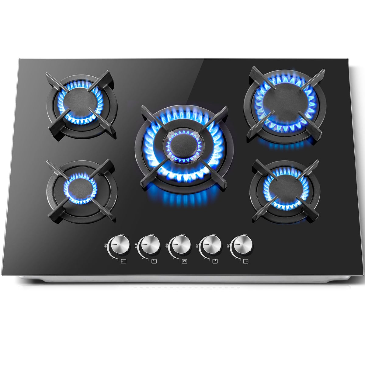 SNDOAS Gas Hob 4 Burners, NG/LPG Convertible, Built-in Black Glass Gas Hob with Wok Burner, Flame Failure Protection, 8000W, YYUKGCT-B04