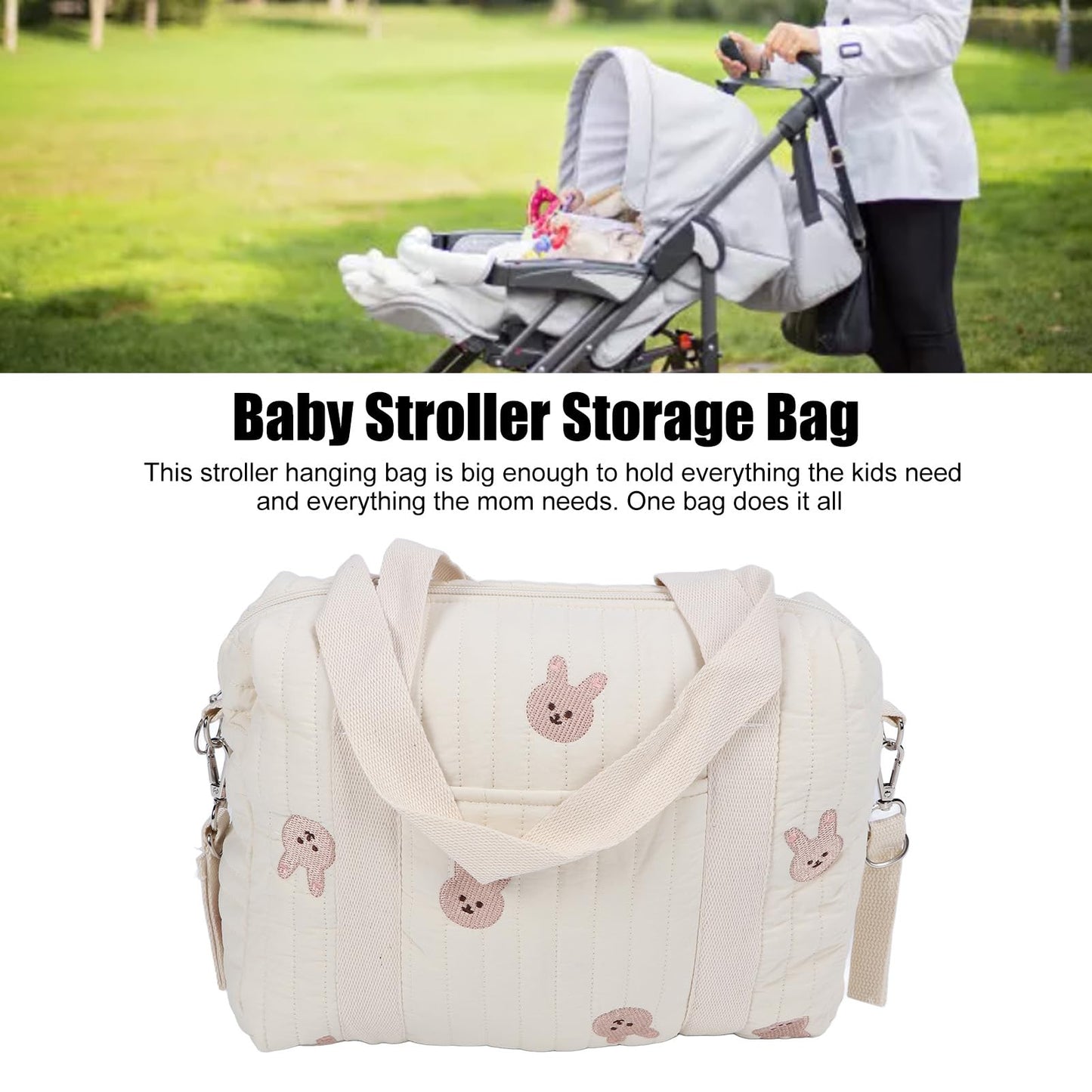Baby Stroller Storage Bag, Cotton Cloth Reusable Handbag Pram Organiser Bag Multifunctional Pushchair Organiser with Zipper Pockets for Pram Travel 32x12x25cm (#3)