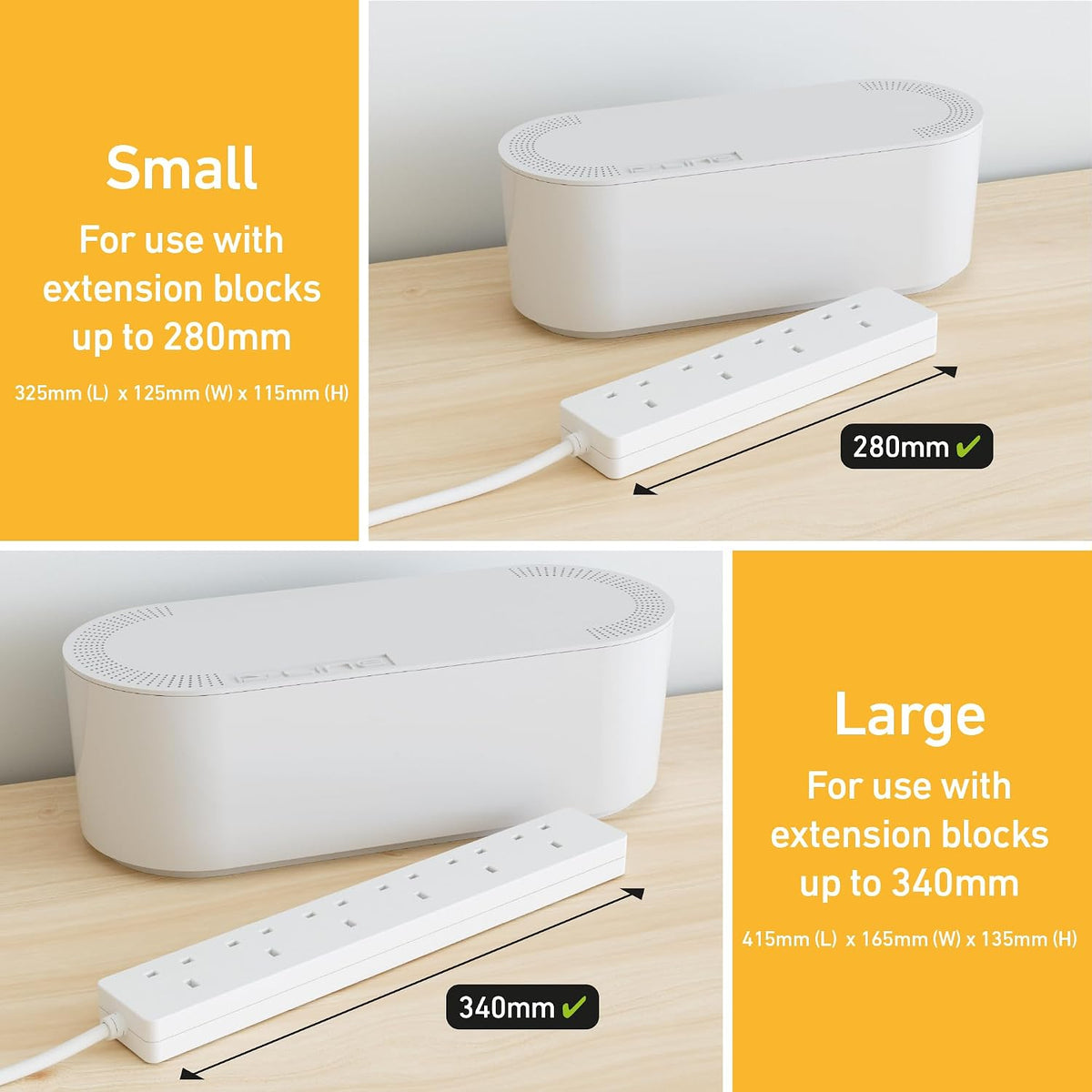 D-Line Cable Tidy Box, Hide & Conceal Extension Blocks, Desk Cable Management Solution, TV Wire Tidy, Made from Electrically Safe ABS Material - 325mm (L) x 125mm (W) 115mm (H) - Small, White