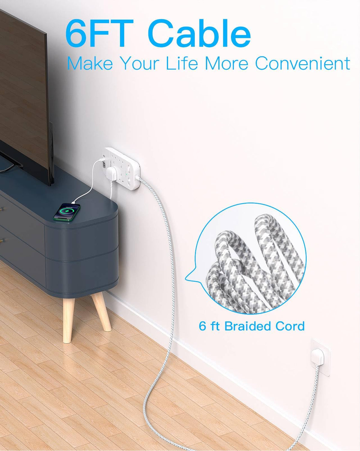 5M Extension Lead Surge Protected, 4 Way Outlets with 2 USB C & 2 USB A