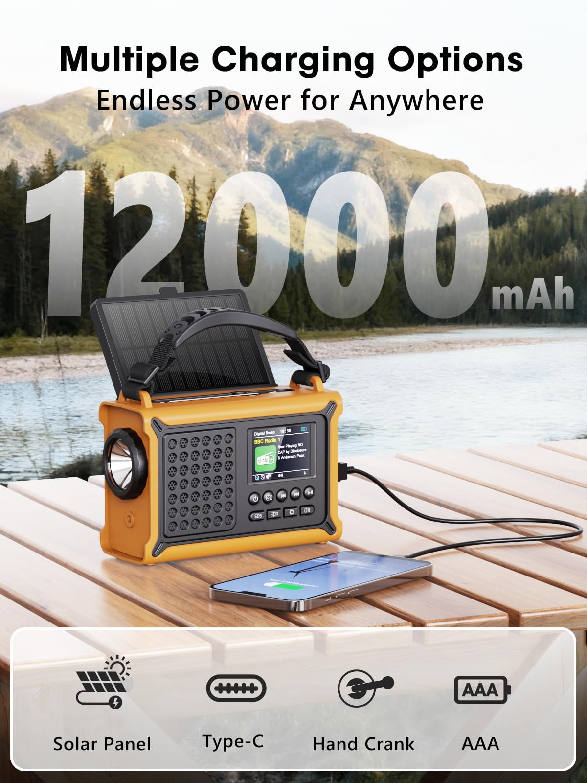 ROCAM DAB Wind Up Radio Solar Battery Torch 12000mAh Rechargeable Battery