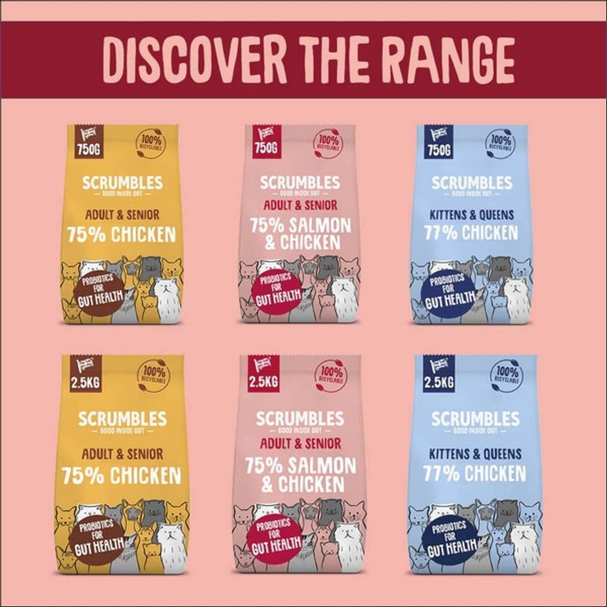 Scrumbles • Dry Cat Food • Hypoallergenic • All Lifestages • Chicken 75% • 750g Bag • Natural Complete Adult Recipe • Gut Friendly Prebiotics & Probiotics • Gluten Free