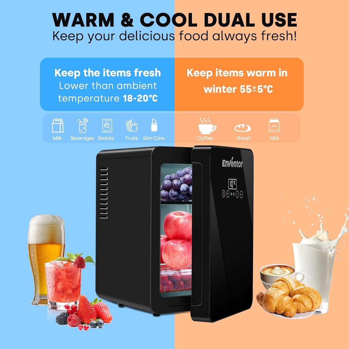 Enventor Mini Fridge, 6 Litre 8 Can Portable Cooler and Warmer, AC+12V DC