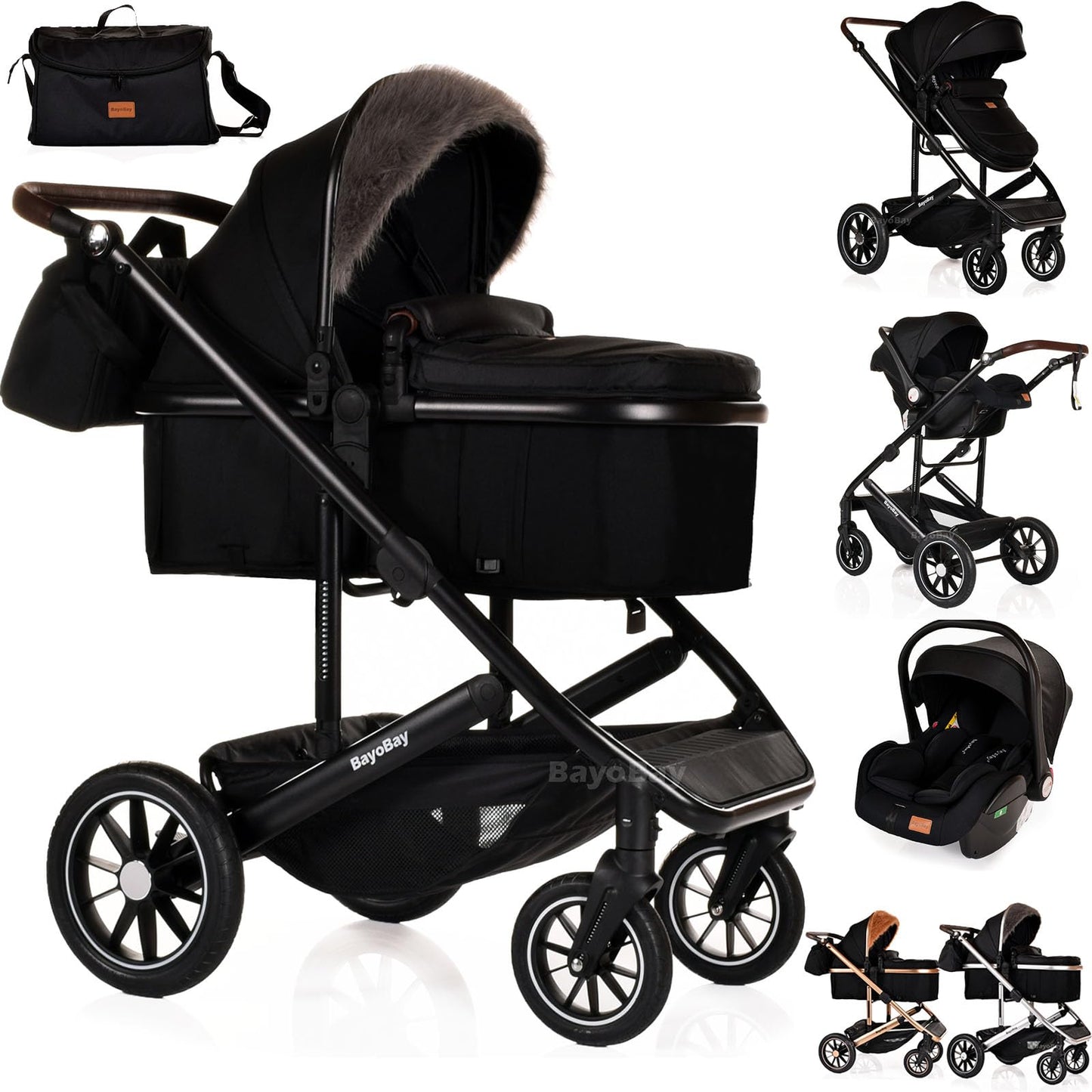3 in 1 Baby Pram Travel System with Car Seat Lightweight Buggy Foldable Pushchair for Newborn and Toddlers up to 22kg NEW 2025 Style (Black - Gold)