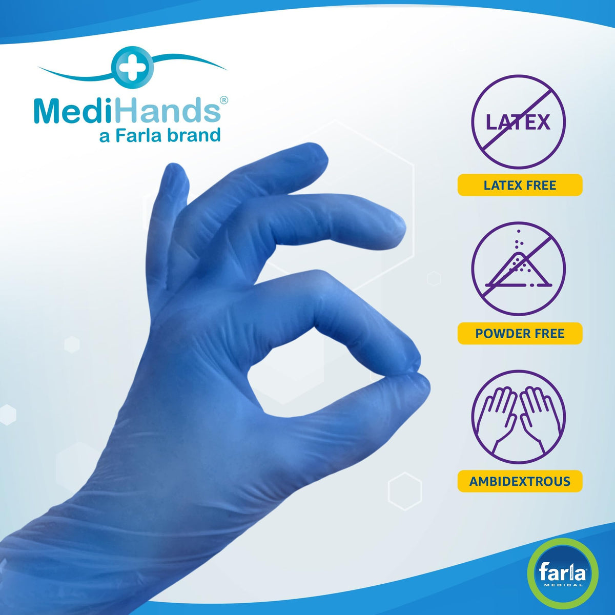 Farla MediHands Blue Medium Vinyl Gloves - Box of 100 Disposable Vinyl Gloves - Medical Gloves - Powder Free, Latex Free, & Protein Free Gloves - Multi-Purpose, Single Use
