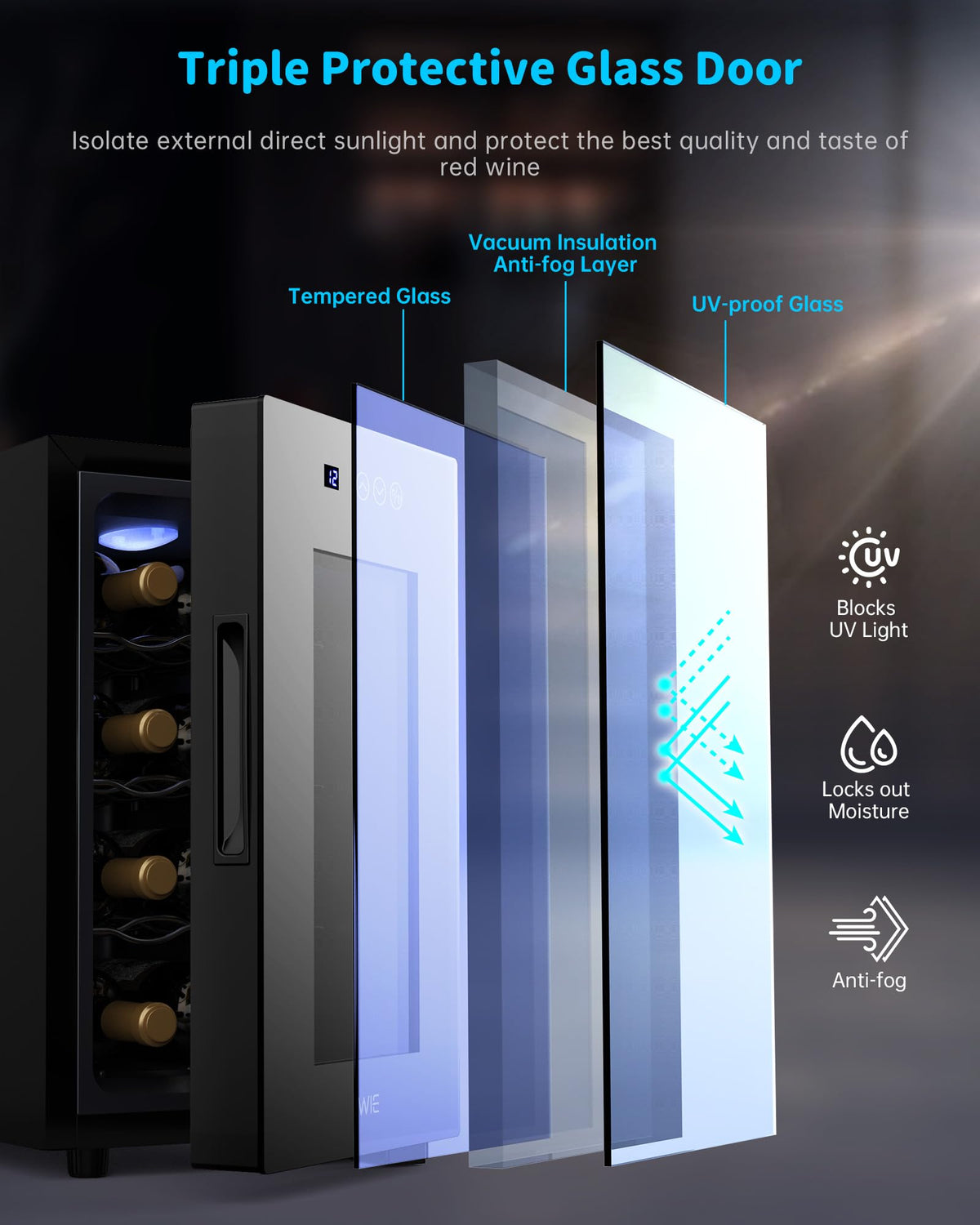 WIE 48L Drinks Fridge with Glass Door, Beer Fridge for 68 Cans or 12 Wine Bottles, Mini Fridge 4-16°C Touch Control, Quiet Beverage Refrigerators with LED Light, Reversible Door for Home, Bar, Office