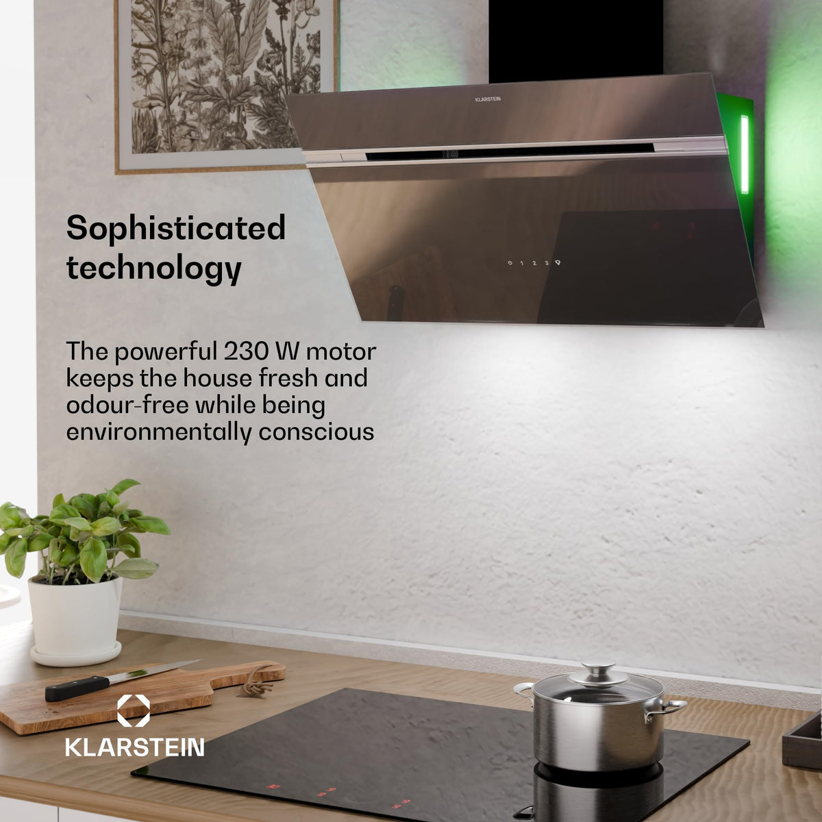 Klarstein Alina 90 Angled Cooker Hood - 615m³/h Air Flow, Touch Panel, LED Backlighting, Quiet 63dB, Energy Class A, 90cm Extractor Hood, Black