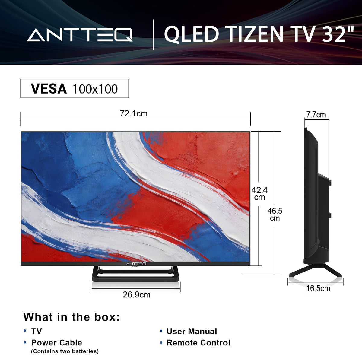 Antteq 32 Inch TV, Central Stand Design TV 720P Freeview HD Dolby Audio DVB T2/S2 LED Television, HDMI USB Media Player Monitor PS5 Xbox, Standard Nonsmart TV Small Screen for Bedroom Kitchen Black