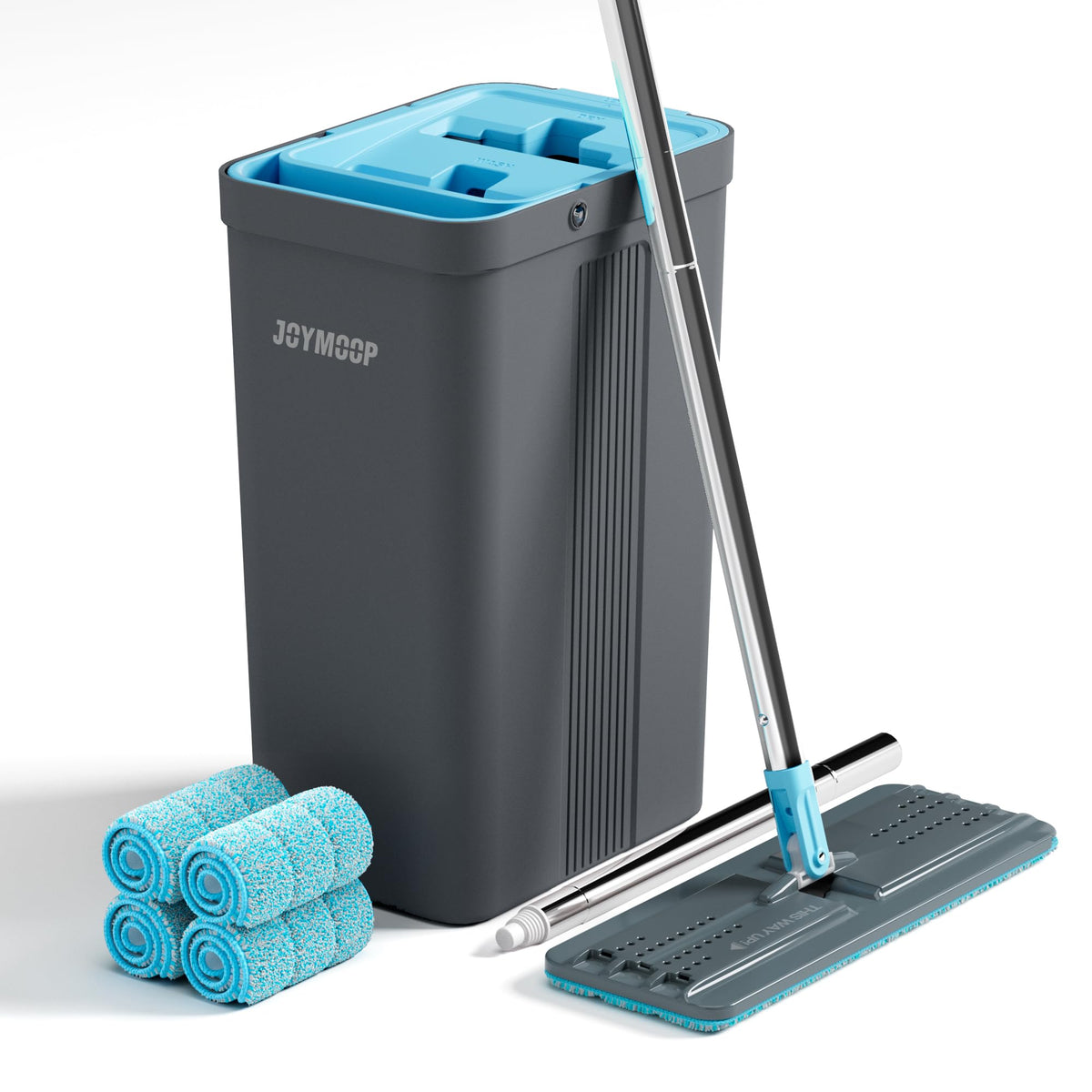 JOYMOOP Mop and Bucket with Wringer Set, Hands Free Flat Floor Mop and Bucket, with 3 Washable Microfiber Pads, Wet and Dry Use, Floor Cleaning System