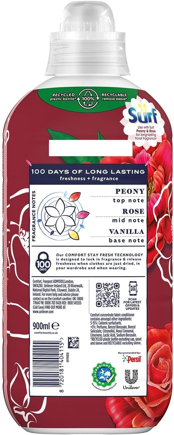 Comfort Creation Concentrated Fabric Conditioner with 100 Days of Long Lasting Fragrance and Softness Intense Liquid Fabric Softener 30 Washes, 900 ml (Peony & Rose, Buy 4)