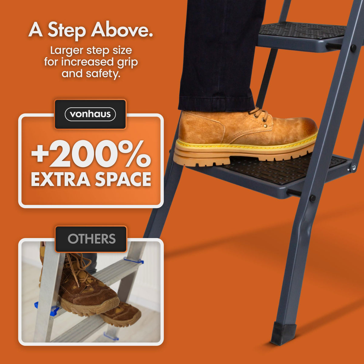 VonHaus 3 Step Ladder – Premium Quality Folding Step Ladder for DIY and Gardening - Anti Slip Feet, Easy to Store Ladder, 150KG Max Capacity - Durable Steel