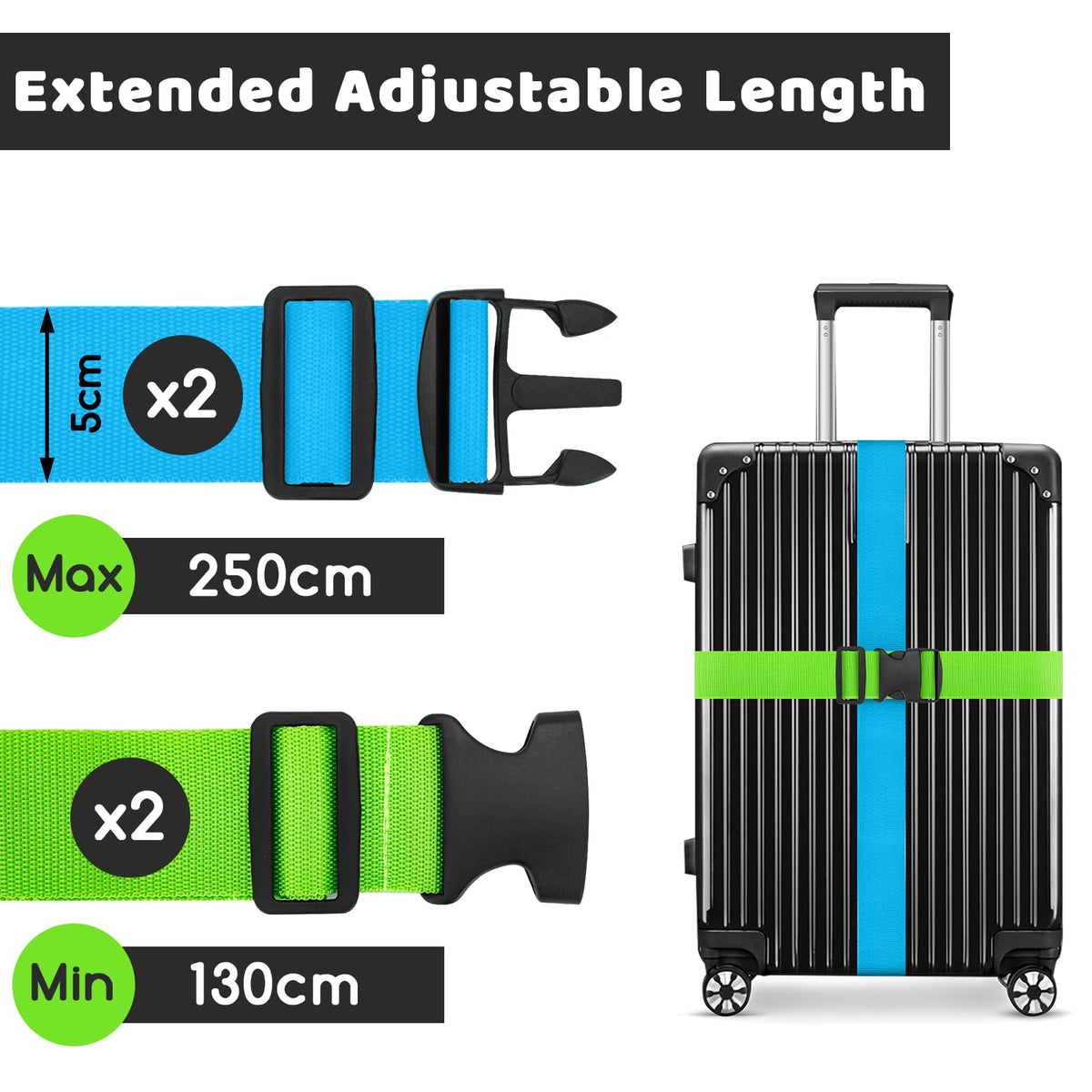WISYOK Luggage Straps Extended, 4 Pack, 130-250cm Adjustable, Blue Orange