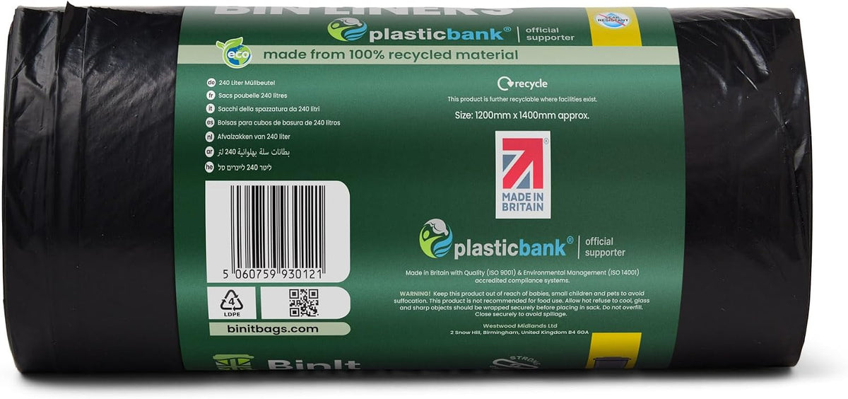 BinIt 20 Wheelie Bin Liners 240 Litre, Eco-Friendly, Bin Bags, Refuse Sacks, Recycled, Strong & Secure, Tear Resistant, 30 μm, Perfect for Standard 240L Wheelie Bins
