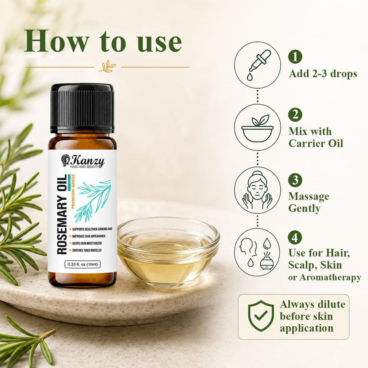 Kanzy Vitamin E Oil for Skin, Hair, Lips and Face - Naturally Sourced Multi-Purpose Plant-Based Vitamin E Oil for Hair Growth as Skincare and Haircare Product for both Men and Women (30 ml)