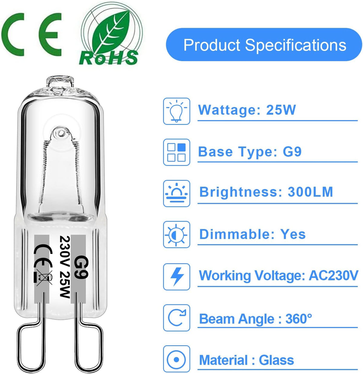 WeshLMPO G9 Halogen Bulbs 25W G9 Bulb Warm White 230V Dimmable for Oven 300 Degrees 12 Pcs