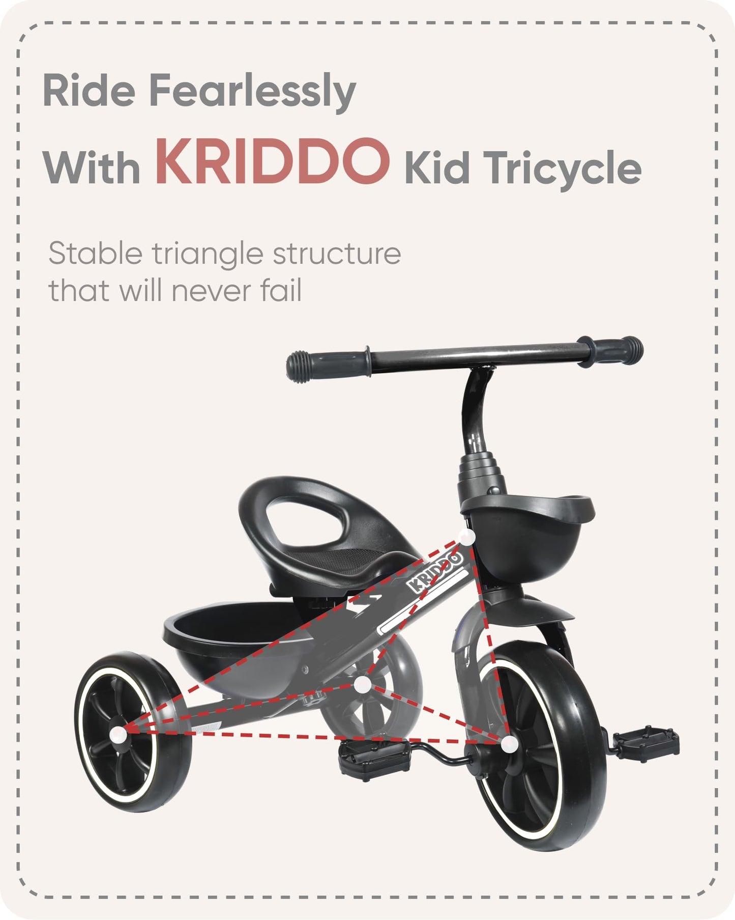 KRIDDO Toddler Tricycle — Anti-Tip Design, BPA-Free | Ages 18 Months to 4 Years | Pink