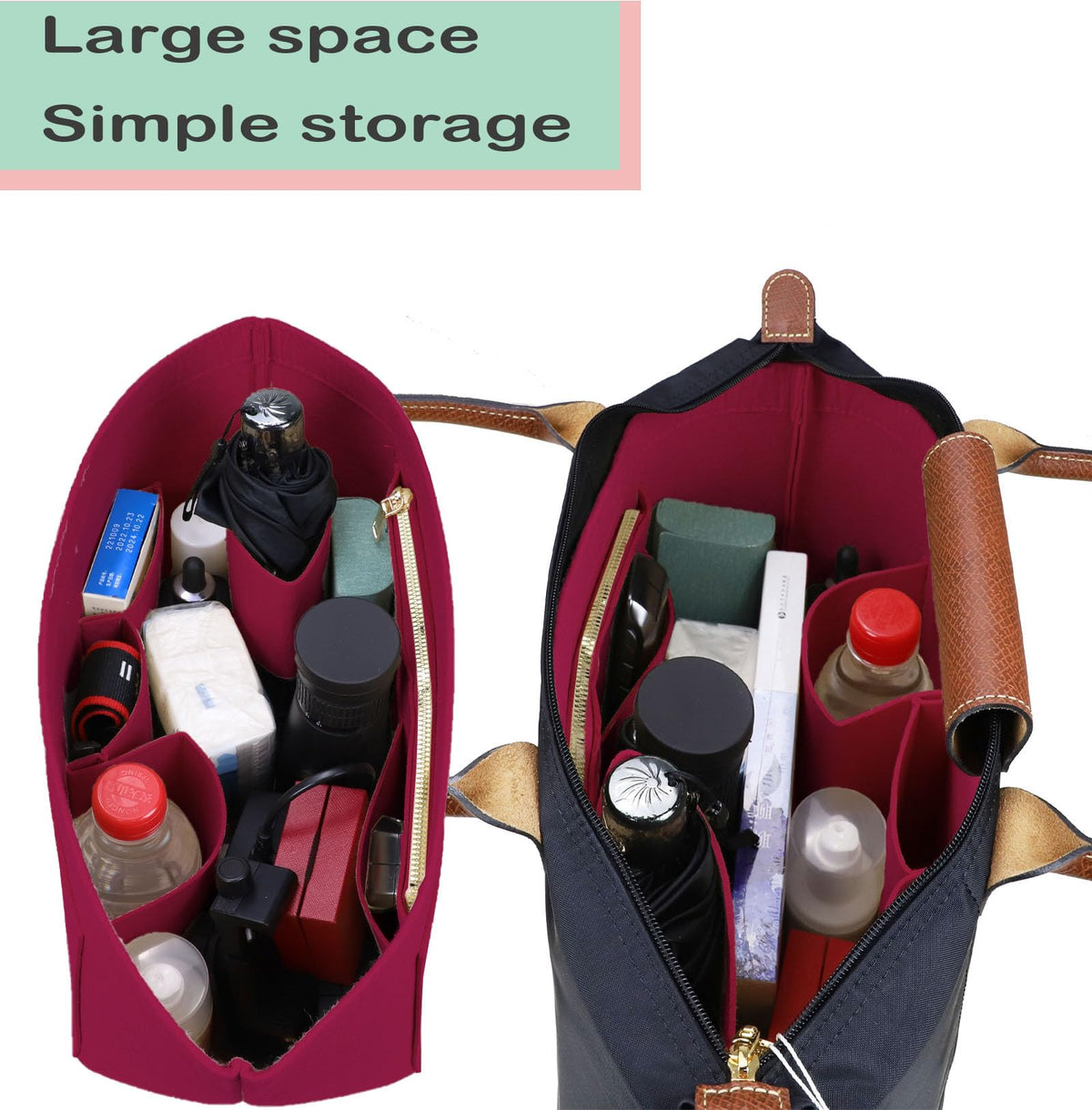 Lckaey tote bag organizer insert for Longchamp le pliage large tote insert felt purse zipper bag organizer 1028pink-S