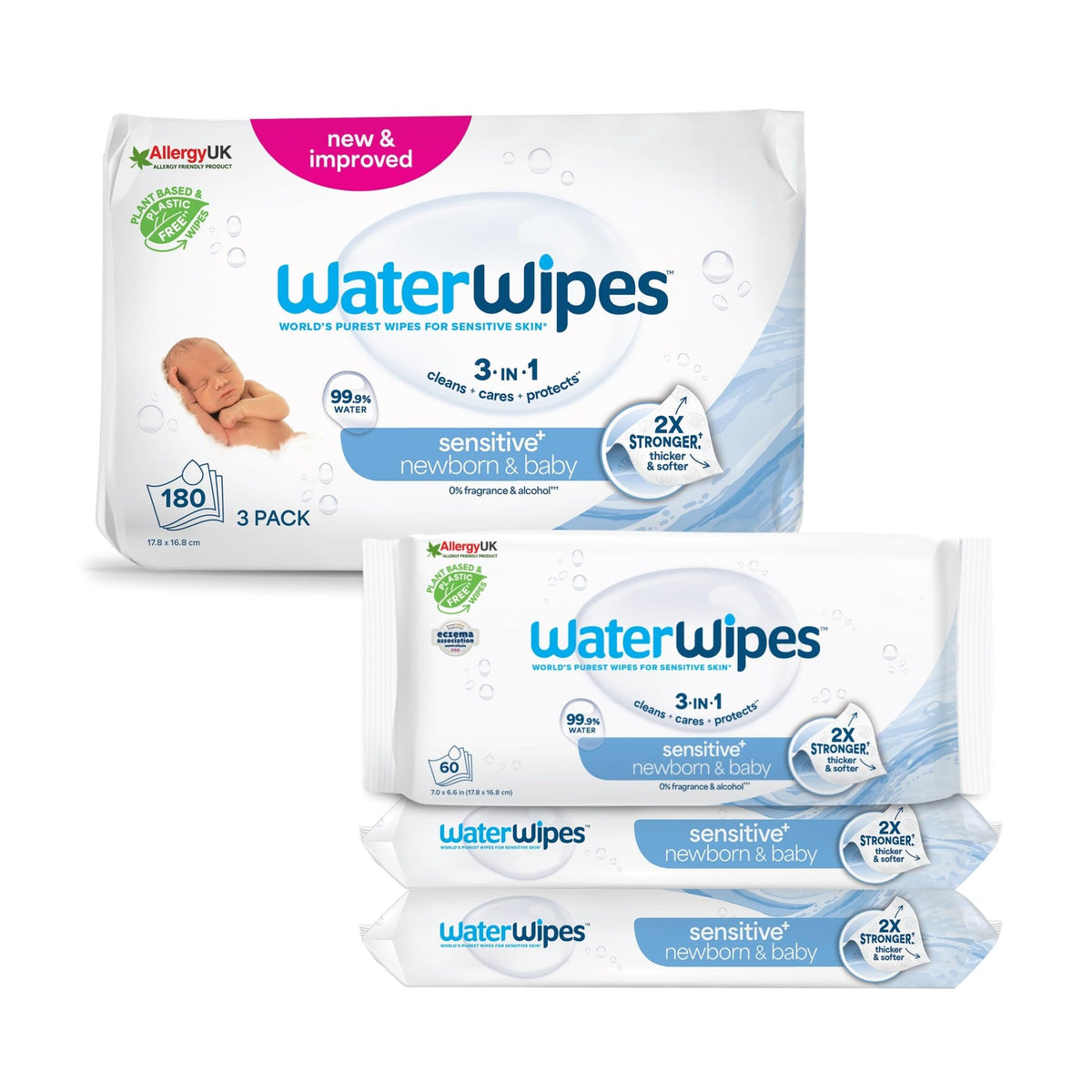 WaterWipes Sensitive+ Newborn & Baby Wipes, 99.9% Water, Unscented, 12 Pack